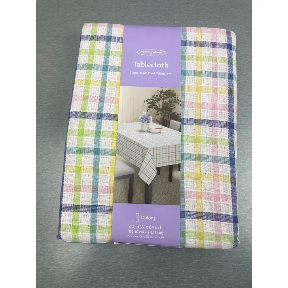 HOLIDAY HOME Spring Easter Cotton Yellow Pink Plaid Tablecloth OBLONG 60''X8